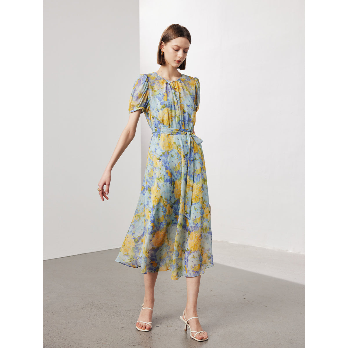 Floral Ladylike Waist-cinching Long Dress