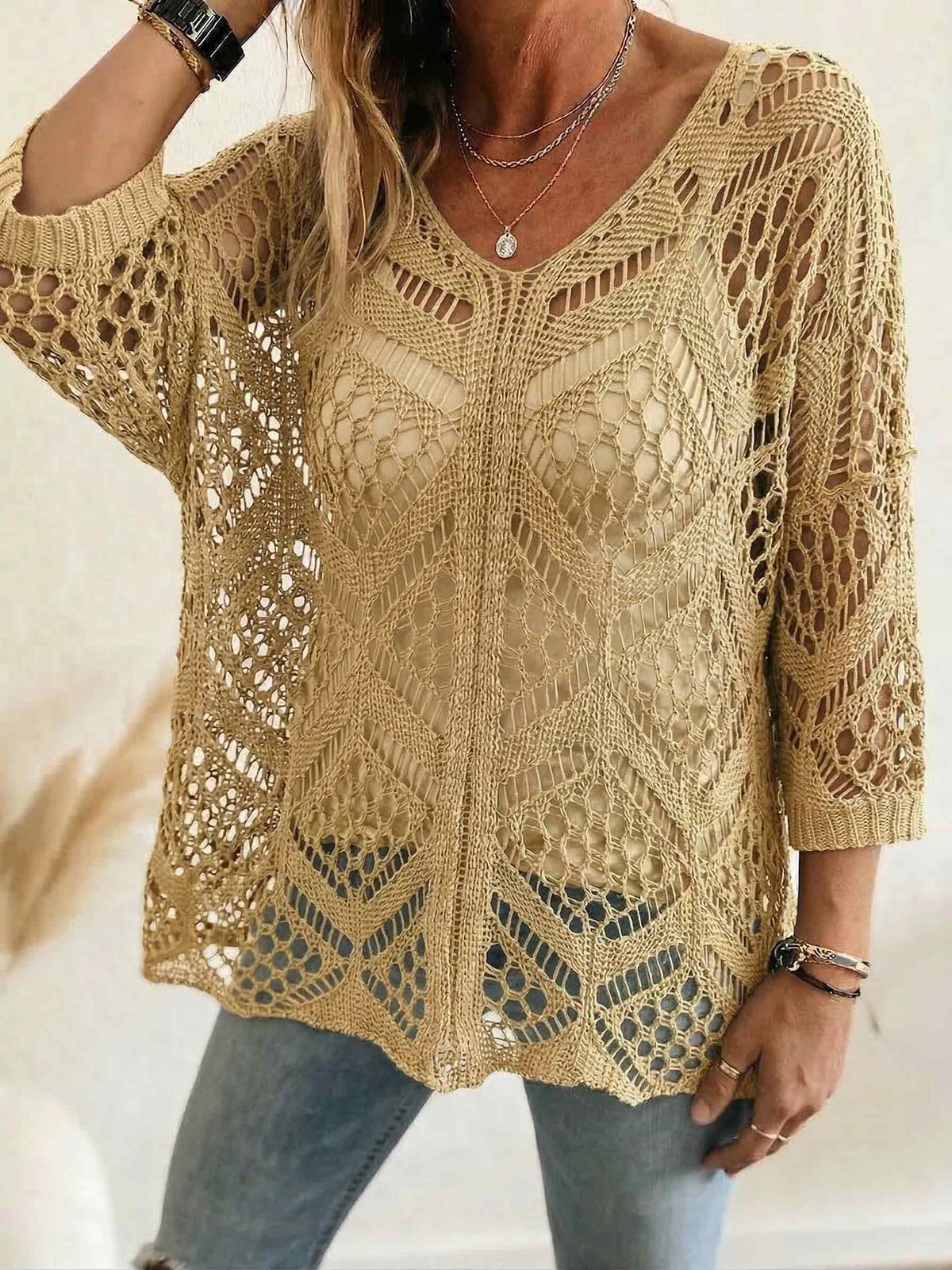 Ladies Oversized Open Weave Mesh Knit Shirt V-neck Half Sleeve Breathable Beach Cover Up