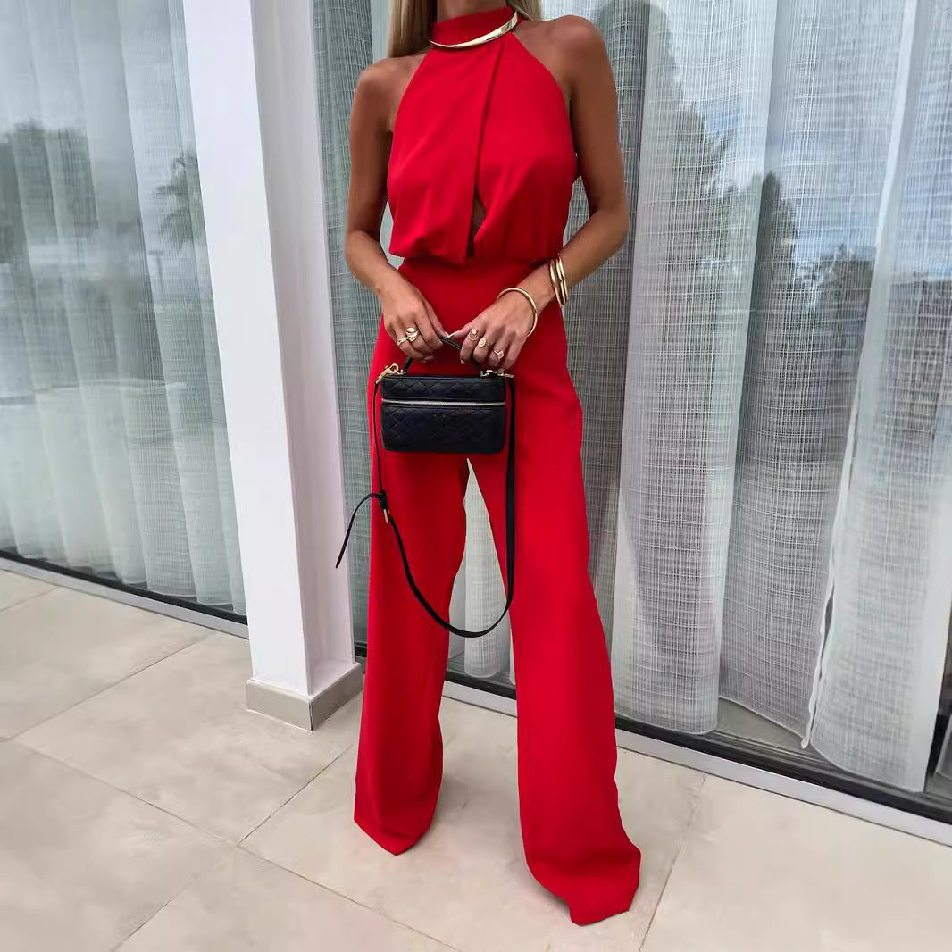 Chic High-Waisted Backless Straight Jumpsuit