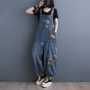 Denim Suspender Pants Straight Ankle-Tied Jumpsuit