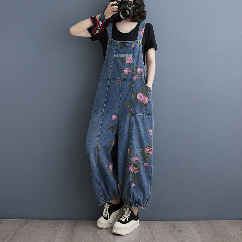 Denim Suspender Pants Straight Ankle-Tied Jumpsuit