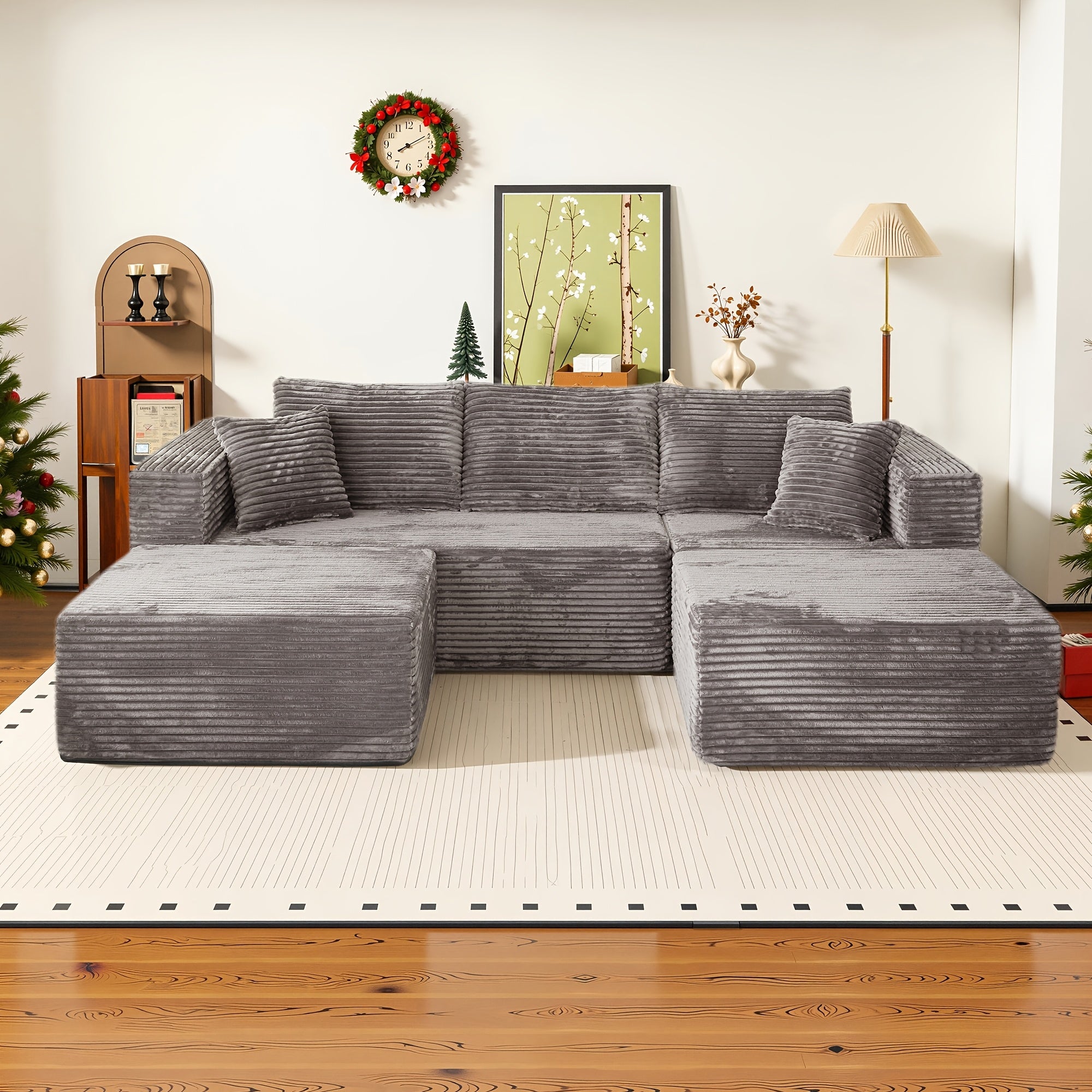 Modular L-shaped chaise longue sofa bed with deep seat and corduroy upholstery