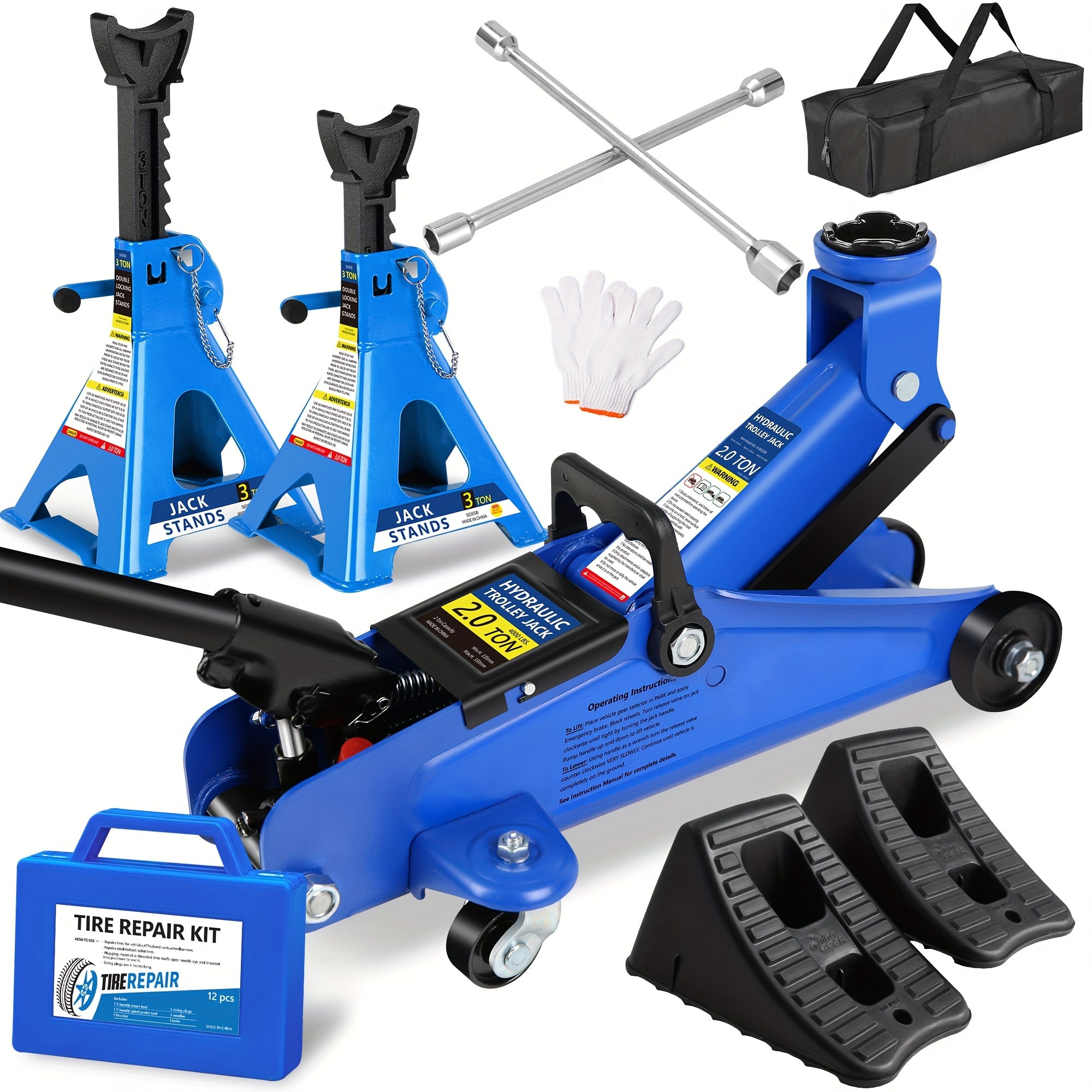 2/2.5/3 Ton Capacity Floor Car Jack Low Profile Garage Hydraulic Trolley Service Lift Floor Jack Combo with With 2 Ratchet 3 Ton Jack Stands, Tire Repair Kit, 14-inch Wheel Cross Wrench, Wheel...