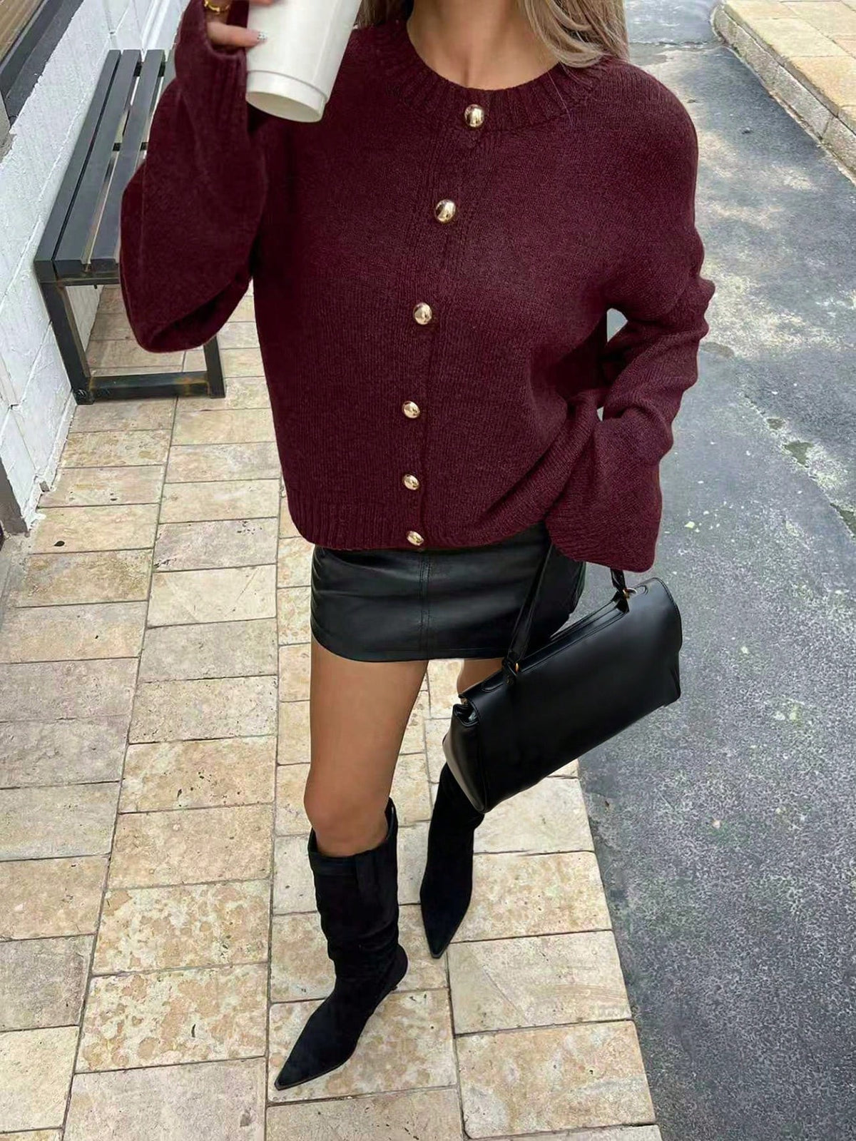 Long-sleeve Knitted Cardigan Crew-neck Loose-fit Sweater Jacket