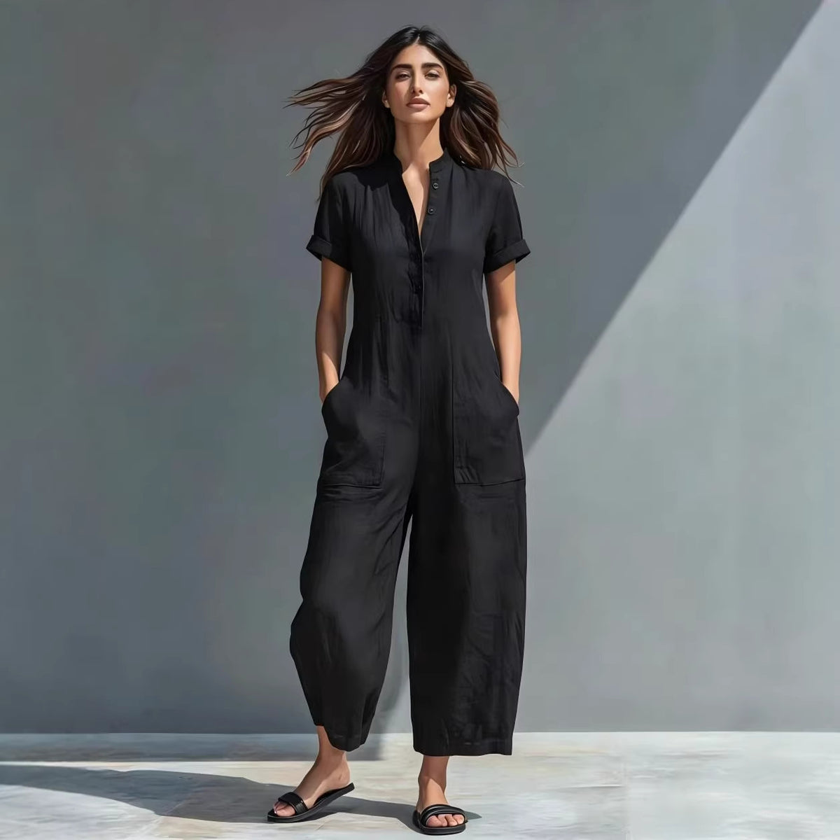 Linen-Blend Short-Sleeve Wide-Leg Jumpsuit