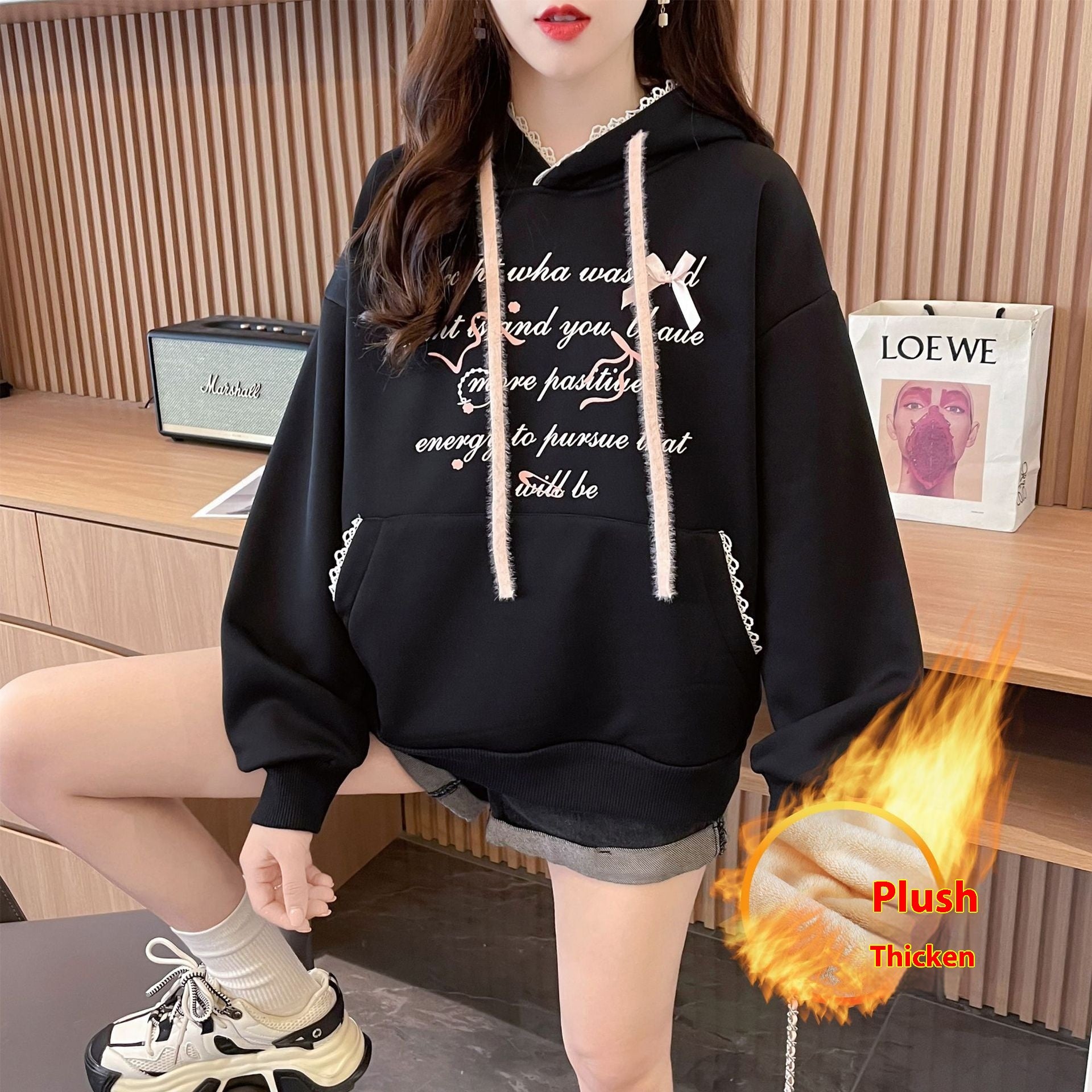Women's Letter Print Long Sleeve Hooded Sweater