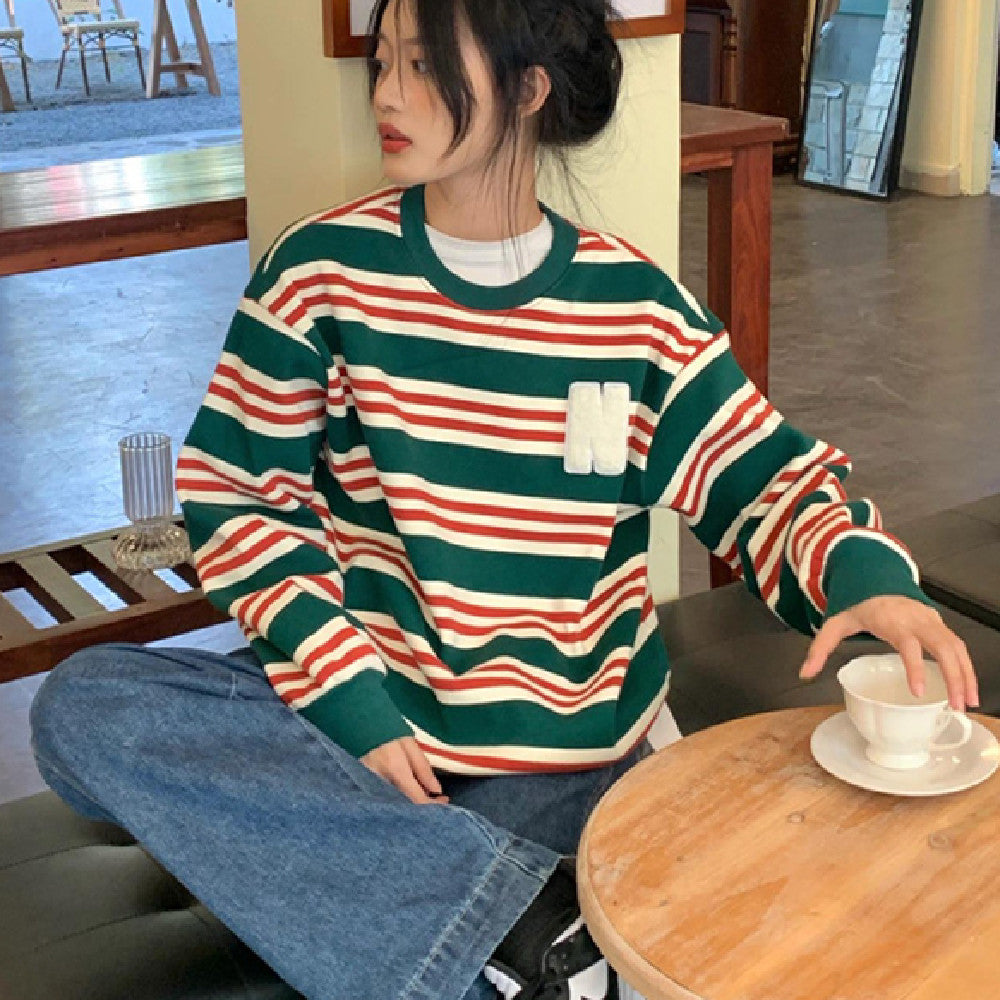 Retro Letter Embroidered Striped Casual Pullover Sweater