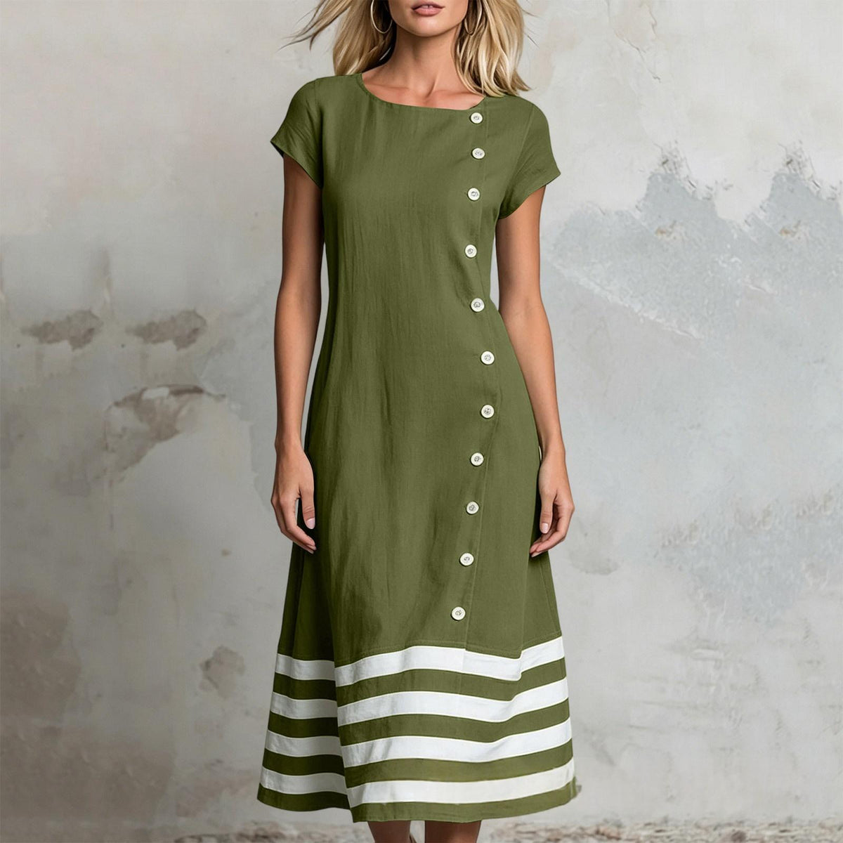 Casual Woven Ribbon Decorated Button Loose Fit Round Neck Dress