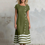 Casual Woven Ribbon Decorated Button Loose Fit Round Neck Dress