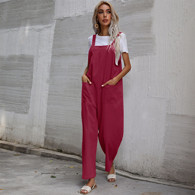 European And American Style Casual Simple Pocketed Sleeveless Suspender Jumpsuit