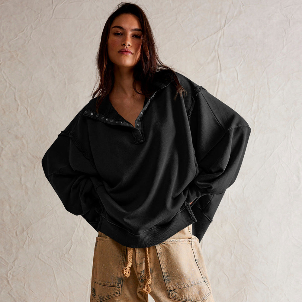 Chic Lantern Sleeve Split Lapel Pullover Sweater
