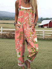Women's Printed Loose Suspender Overalls with Pockets