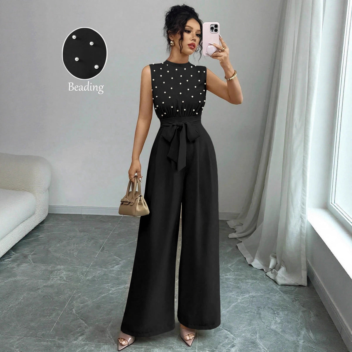 Black Polka Dot Sleeveless Wide-Leg Jumpsuit