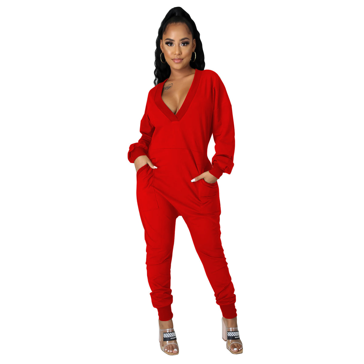 Chic Deep V-Neck Pocket Harem Jumpsuit