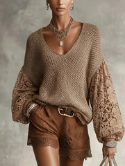 Lace Hollow-out Puff Sleeve V-neck Sweater Knitted Pullover