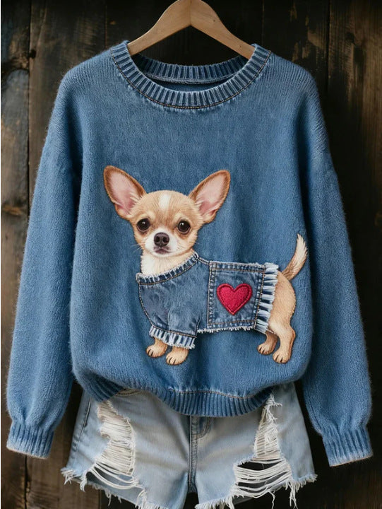 Womens 3d Digital Print Crew-neck Sweater