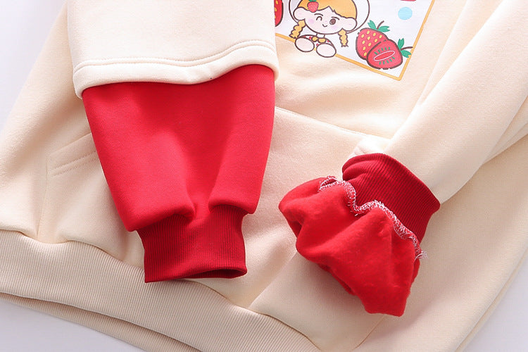 Strawberry Printed Fleece Padded Sweater For Girls