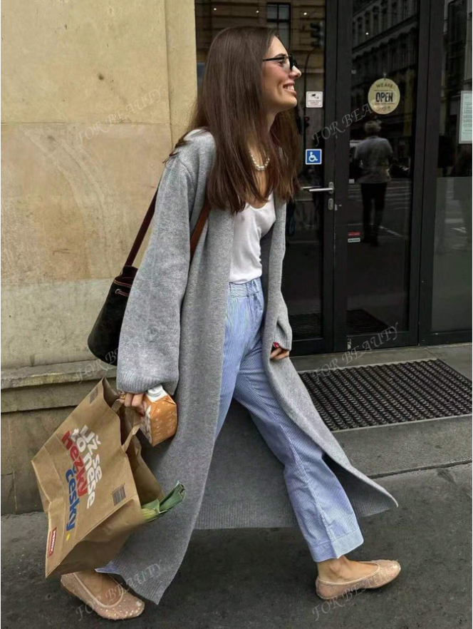 Spring Autumn New V-neck Buttonless Super Loose Long Sleeve