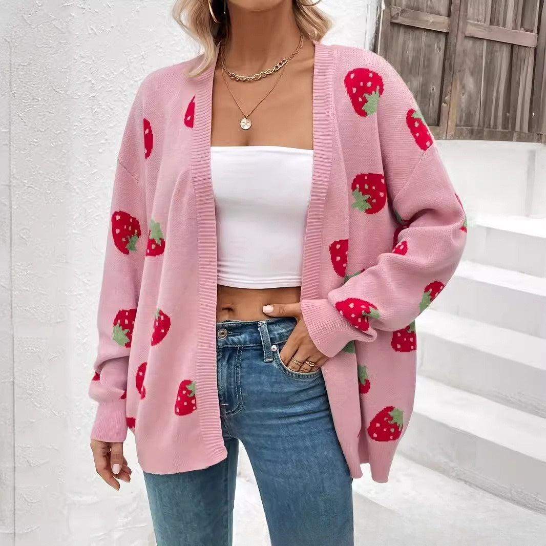 Fashionable Strawberry Jacquard Cardigan Sweater for Women