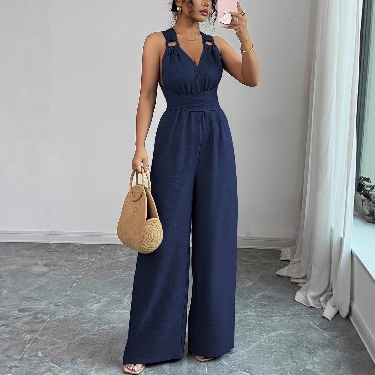 Elegant Backless Crossover Wide-Leg Jumpsuit