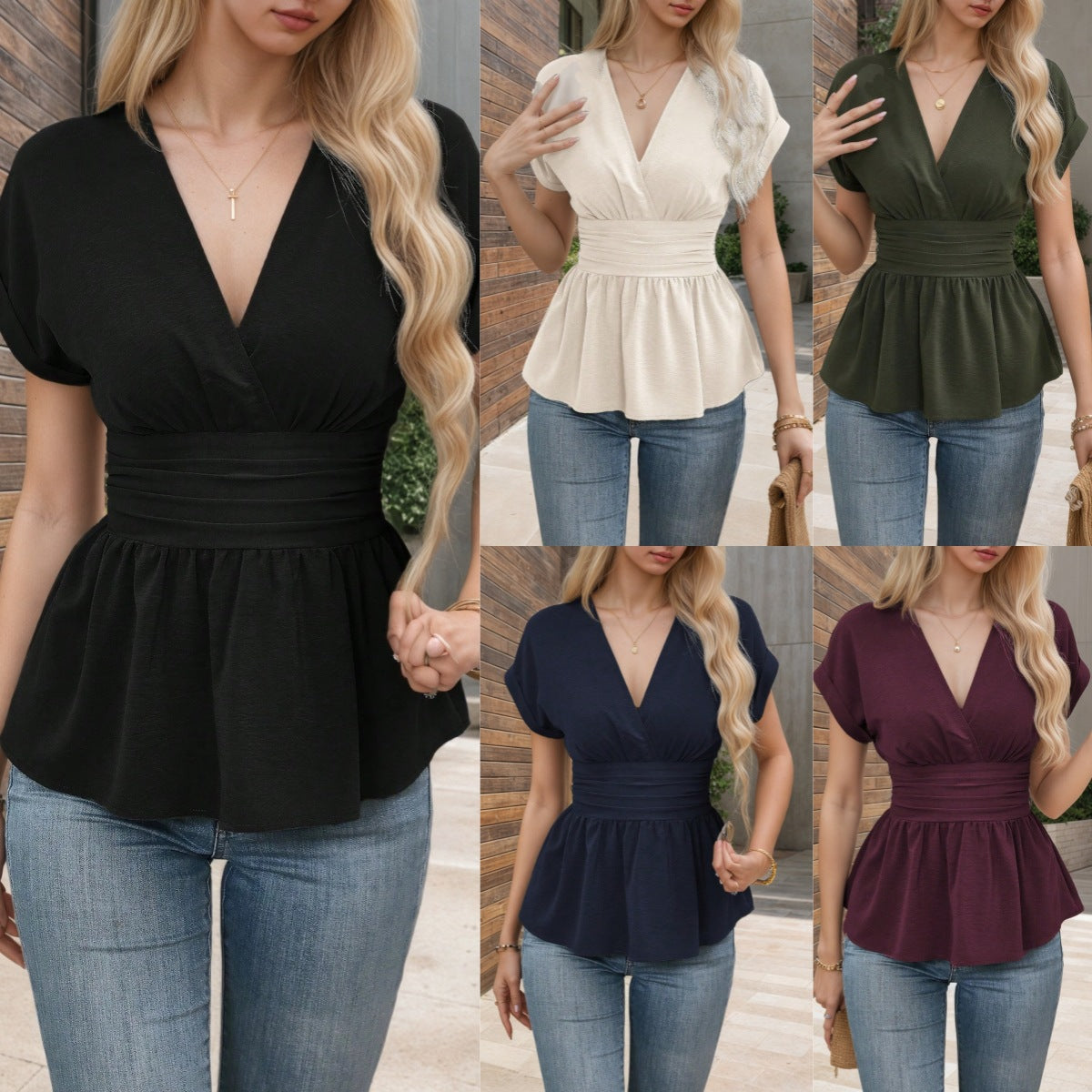 Slim-Fit V‑Neck Pleated Tee – Flattering Summer Top