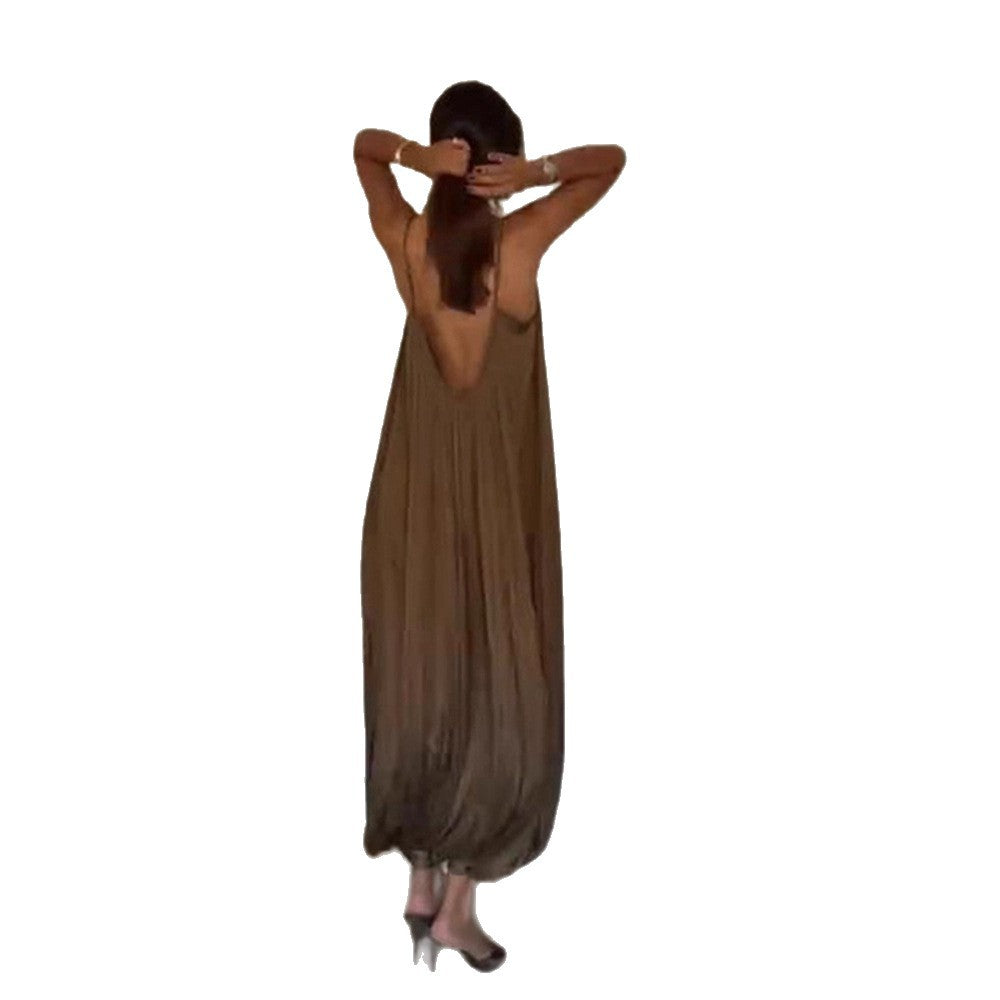 Women's Casual V-Neck Backless Pleated Jumpsuit