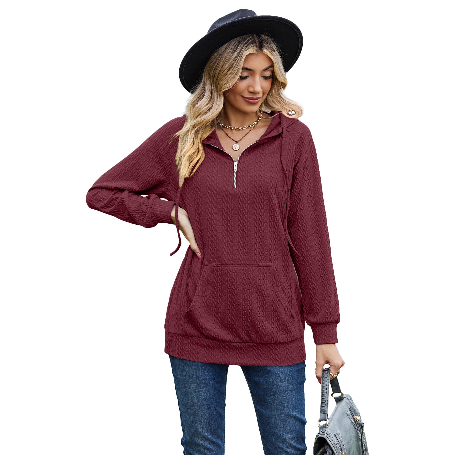Cozy Solid Color Hooded Zip Sweatshirt for Women