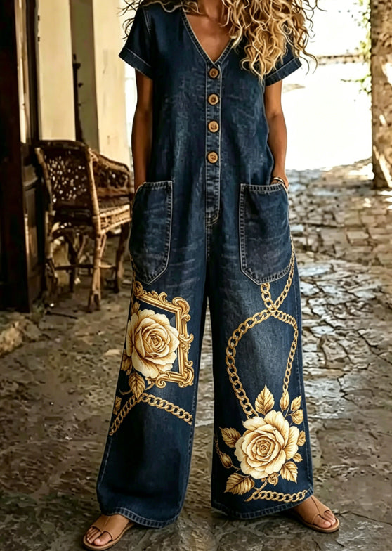 Casual Denim Wide-Leg Short Sleeve Jumpsuit with Pockets