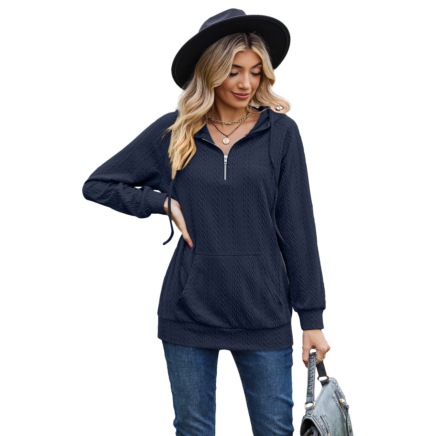 Cozy Solid Color Hooded Zip Sweatshirt for Women