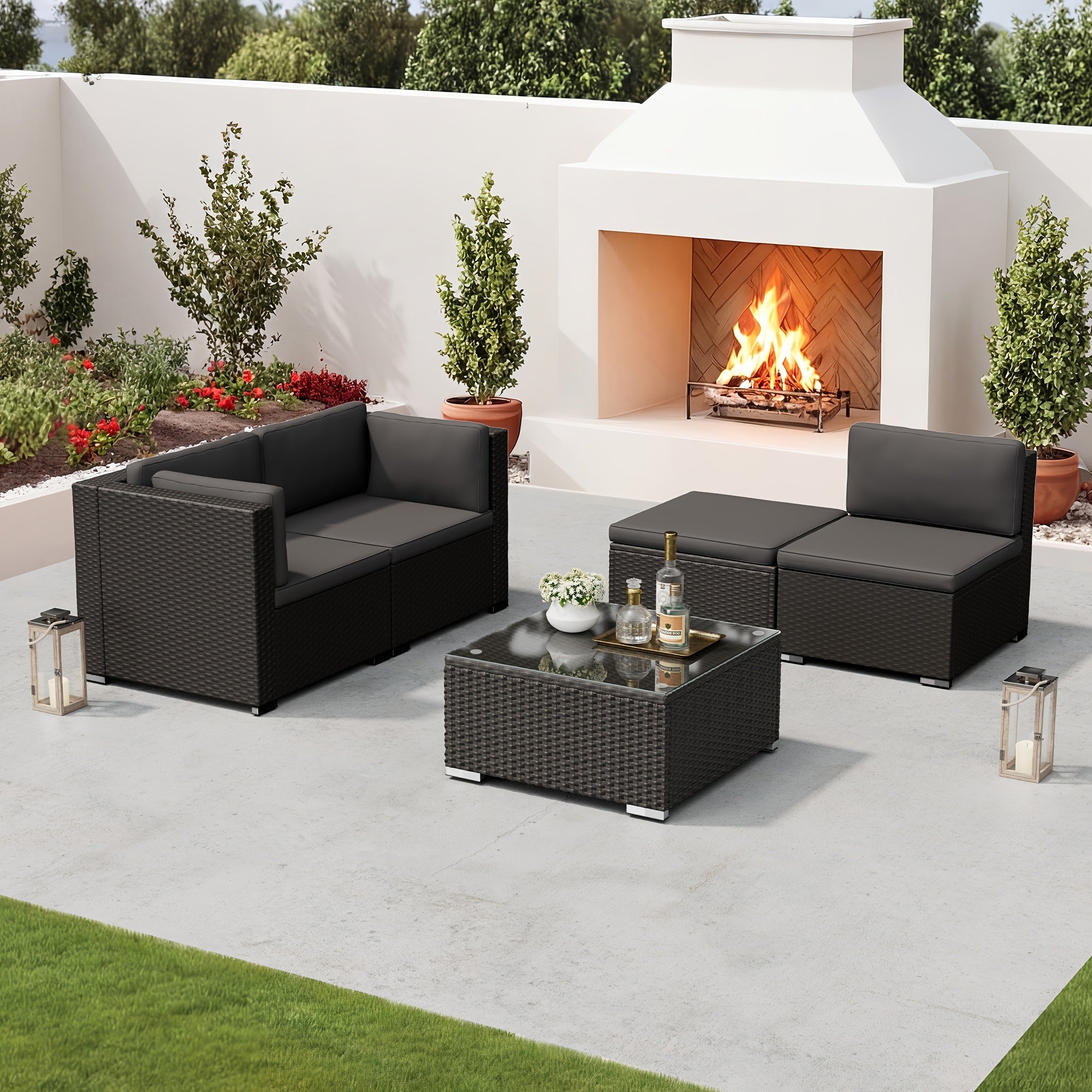 [Outdoor Patio Set] 5pcs Outdoor Patio Furniture Set with Sofa & Glass Table - Rattan & Sectional Sofa Suitable for Group Seating, Cushioned Sofa Table with Glass Top Table, Assembly for, Balcony, Poolside (Navy Blue/Brown/Grey)