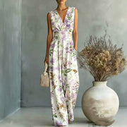 European And American-style Deep V-neck Sleeveless Printed Jumpsuit