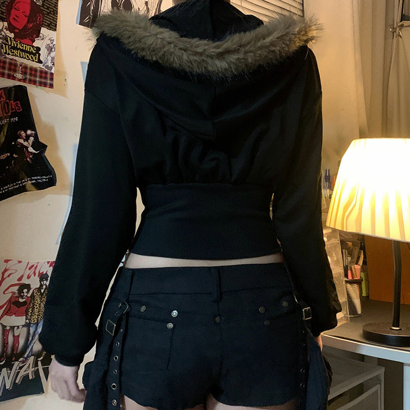 Women's Fur Collar Hooded Cardigan Sweater