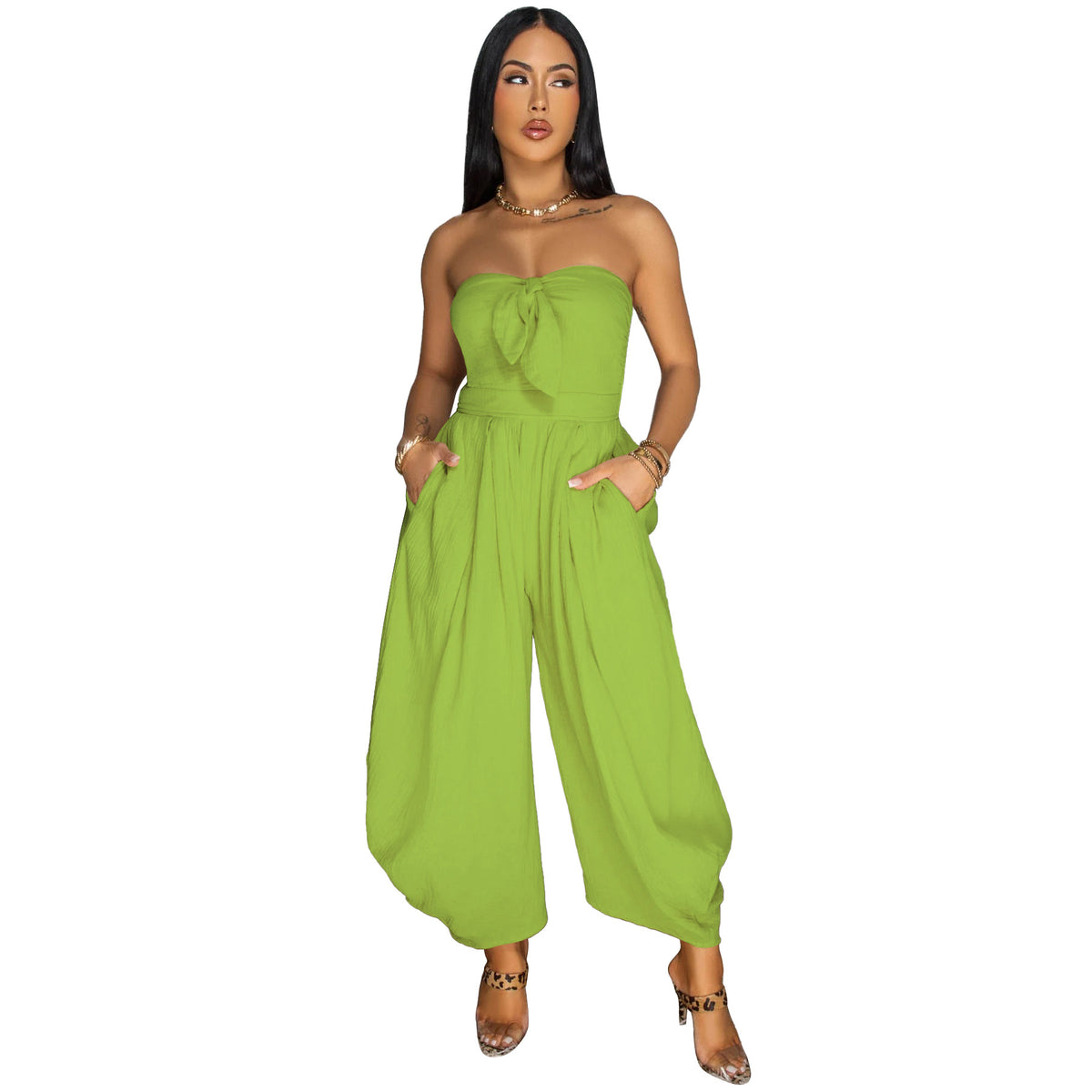 Women's Solid Chest Wrap Casual Loose Jumpsuit