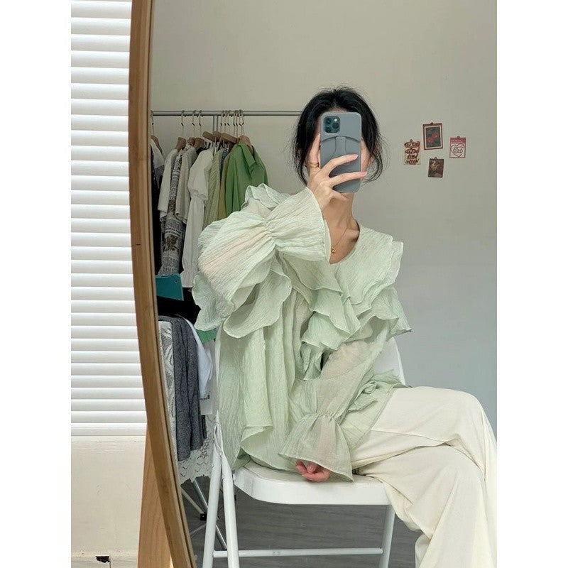 Women's Ruffled V-neck Puff Sleeve Shirt With Fashionable Design