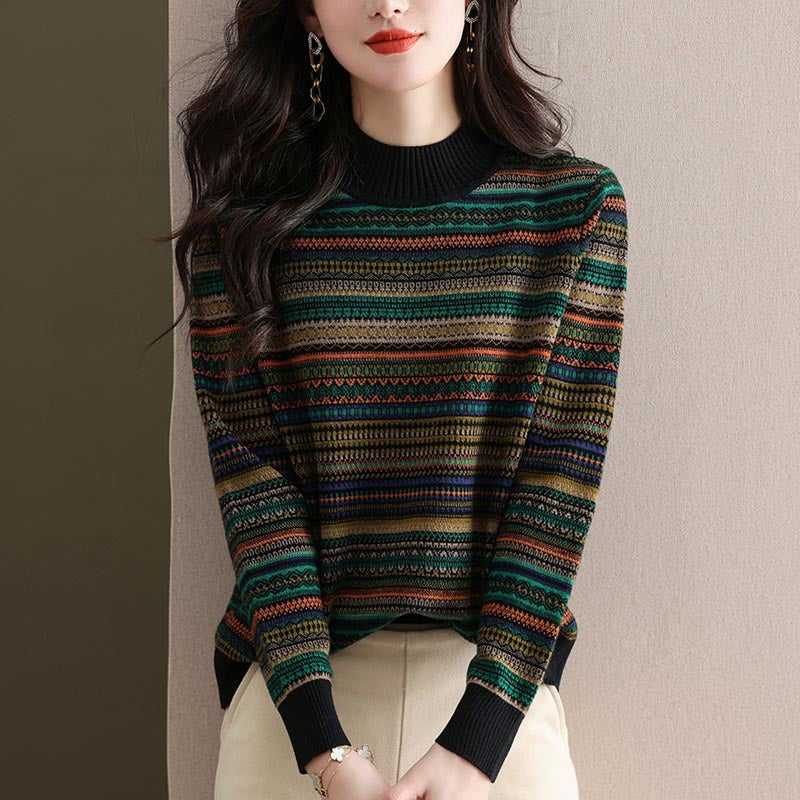 Half Turtleneck Retro Brocade Sweater Women's All-matching Western Style