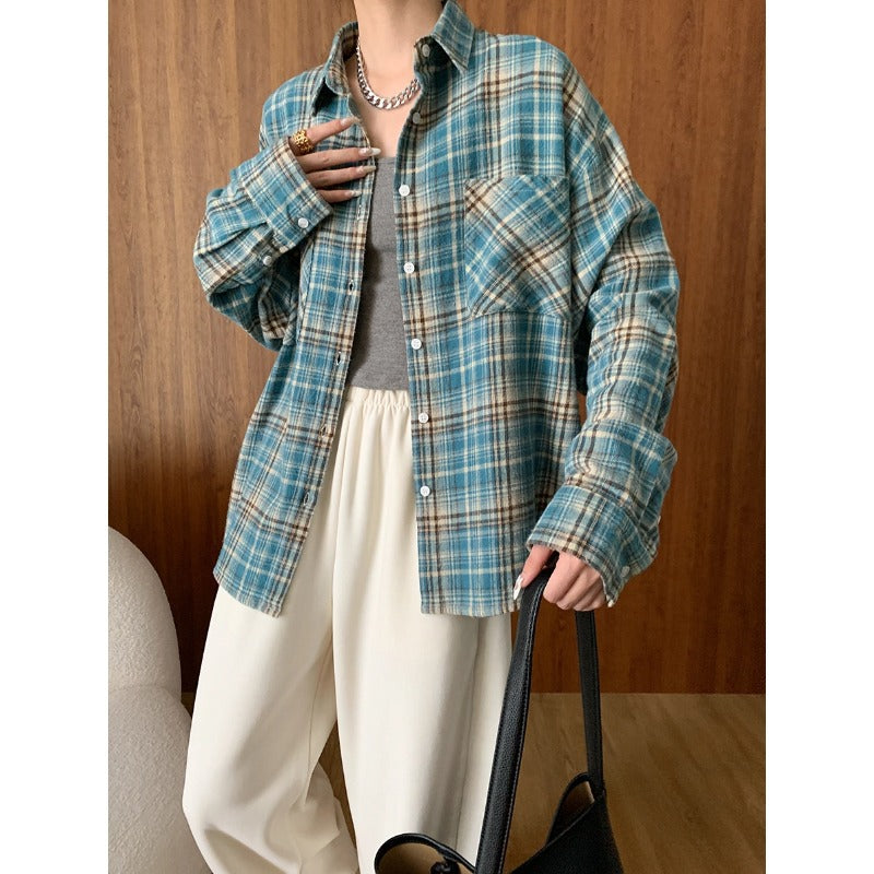 Vintage Washed Brushed Cotton Plaid Long Sleeve Shirt