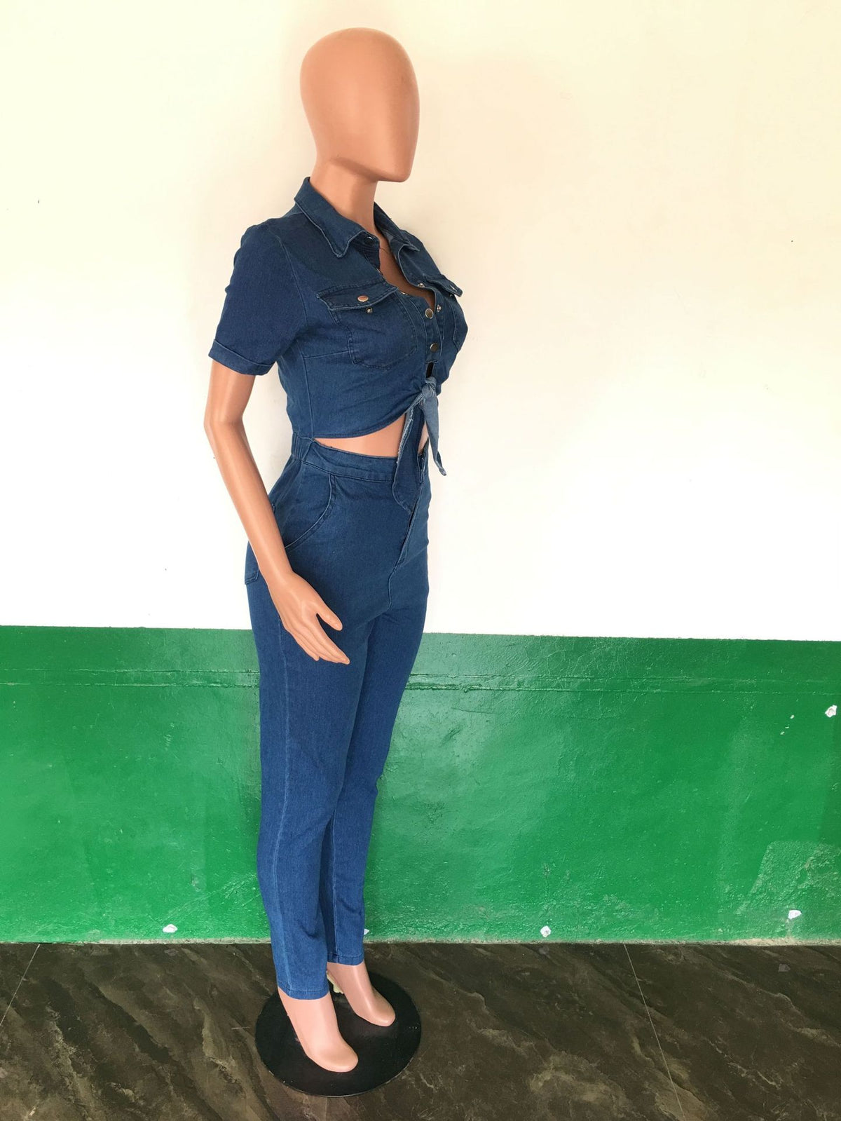 Slim Fit Fashion Short Sleeve Denim Jumpsuit