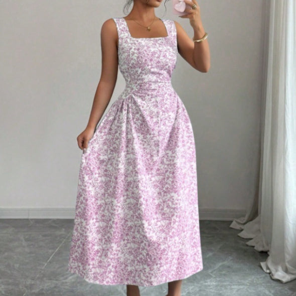 Floral Print Square-Neck Slimming Sleeveless Dress