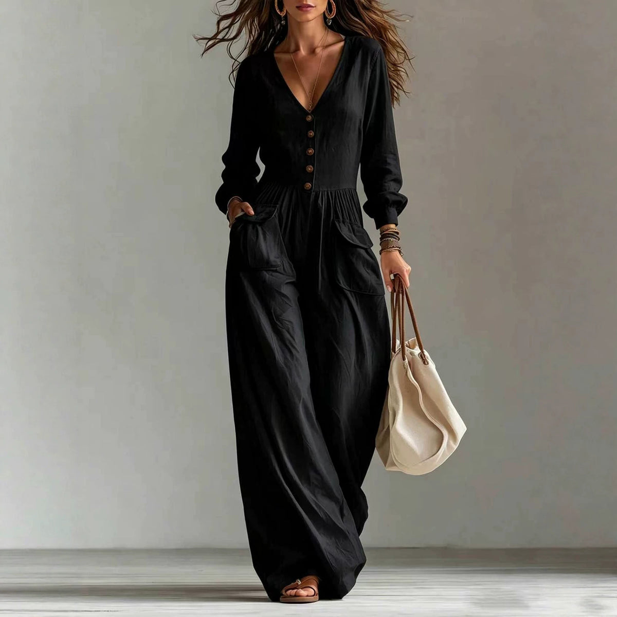 New Autumnwinter Casual Chic Womens V-neck Long-sleeve Jumpsuit With Pockets