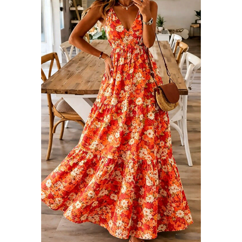 Summer New V-neck Strap Floral Print Long Dress for Women