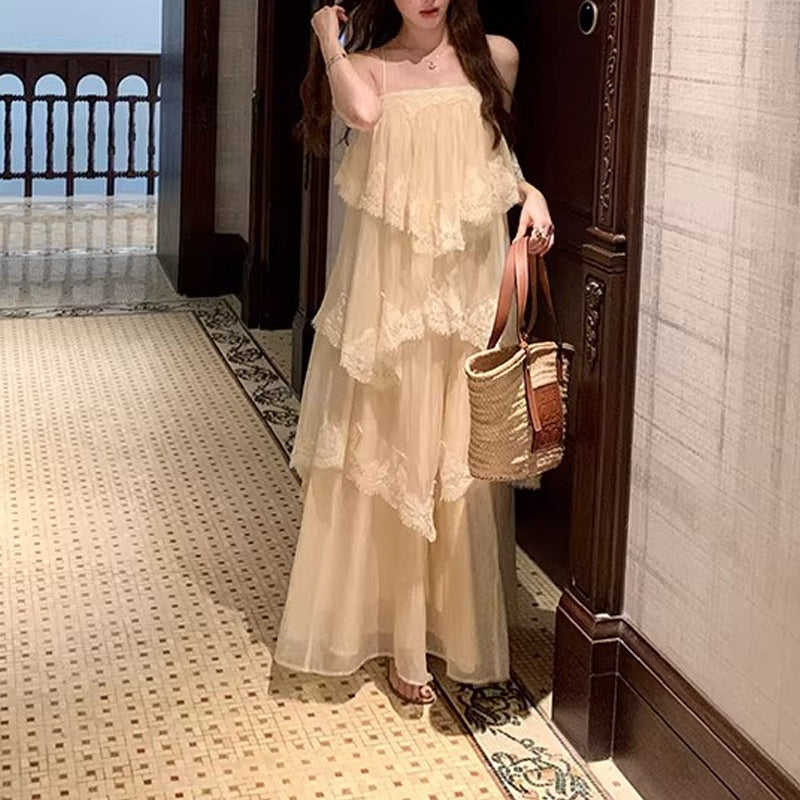 French Lace Backless Fairy-like Tiered Dress