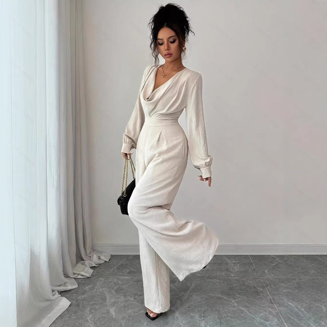 Elegant Off-the-Shoulder Long-Sleeve Jumpsuit