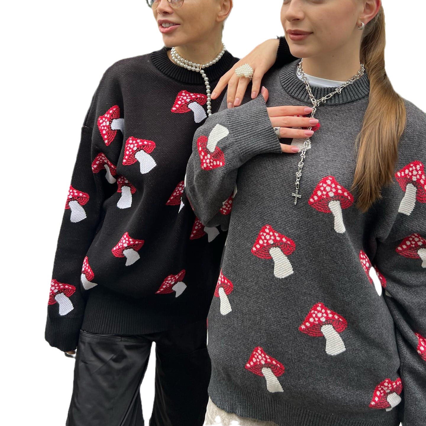 Women's Contrast Color Knit Coat with Mushroom Pattern