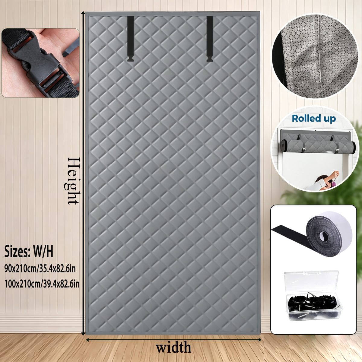 Thick Oxford Cloth Diamond Grid Magnetic Thermal Insulated Door Curtain, Wind Cold Barrier Foldable Roll Up Door Drape with Storage Buckle, Punch-resistant Energy Saving Insulation Door Screen for Hou