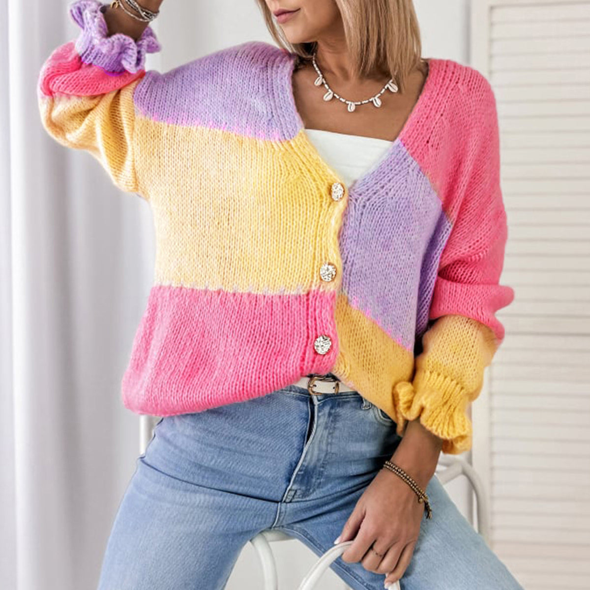 Women's Autumnwinter Sweater Color Block Stitching Casual Loose Knitted Cardigan