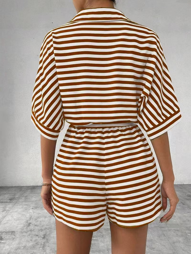 Summer Striped Lapel Belted Jumpsuit