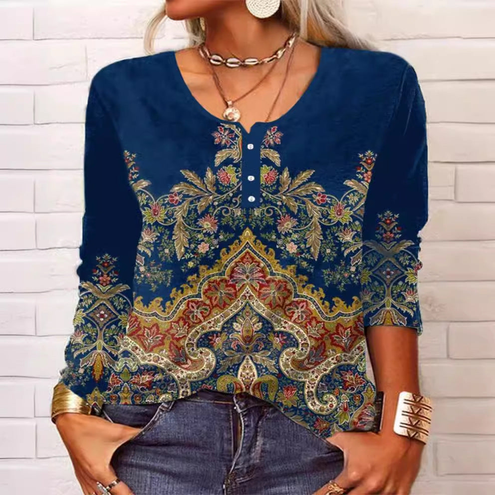 Retro Floral U-Neck Button Long Sleeve Top