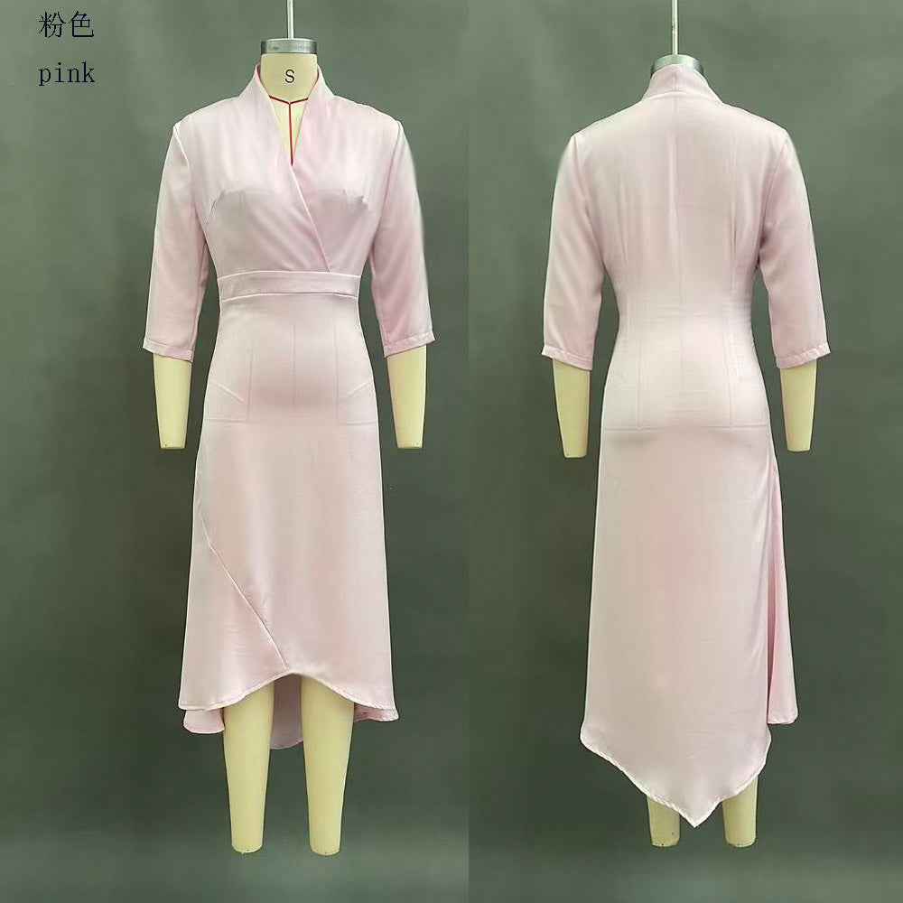 2025 Autumn New Amazon Elegant Pure Color Long-sleeved V Neck Satin…