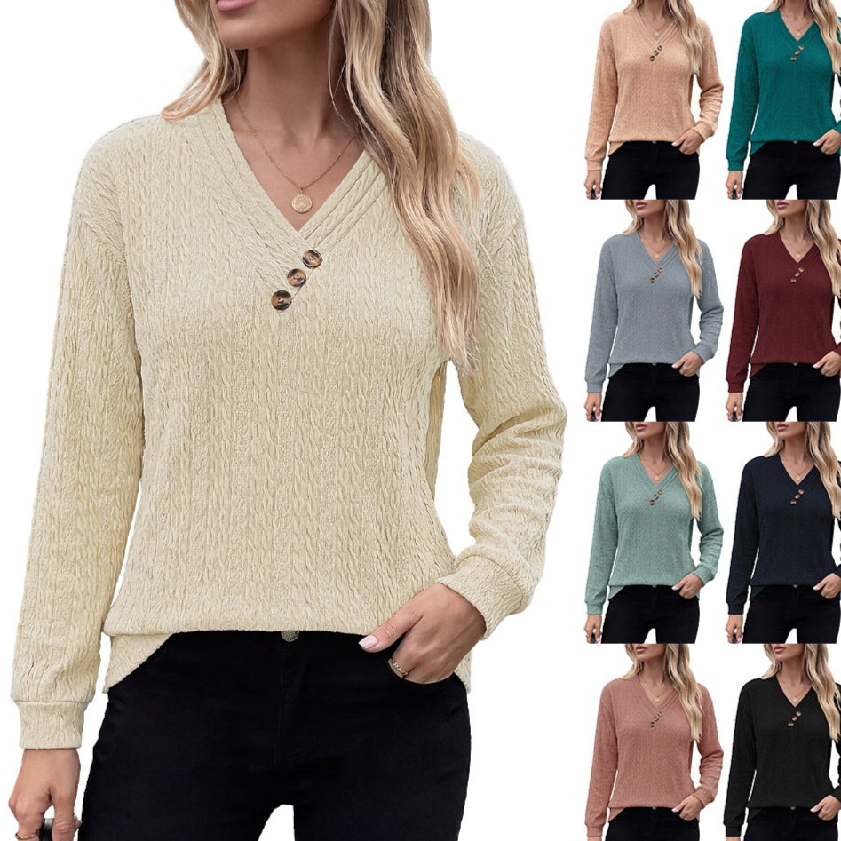 Elegant V‑Neck Button‑Detail Pleated Long‑Sleeve Top