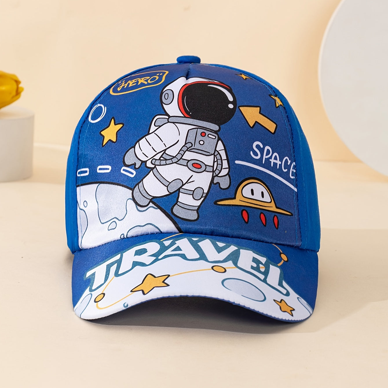 Adjustable Blue Baseball Cap with Astronaut & UFO Design for Kids